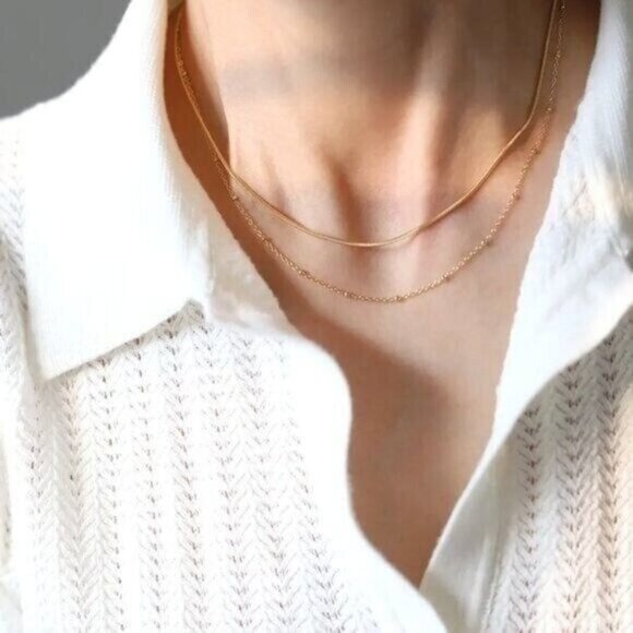 DOUBLE Layer Gold Chain Necklace Non-tarnish Waterproof snake Chain BEAUTIFUL - Picture 10 of 13